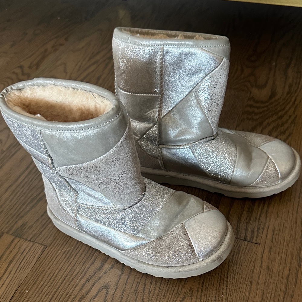 Ugg Kids Metallic Silver Winter Boots - Cozy Lined Slip-On